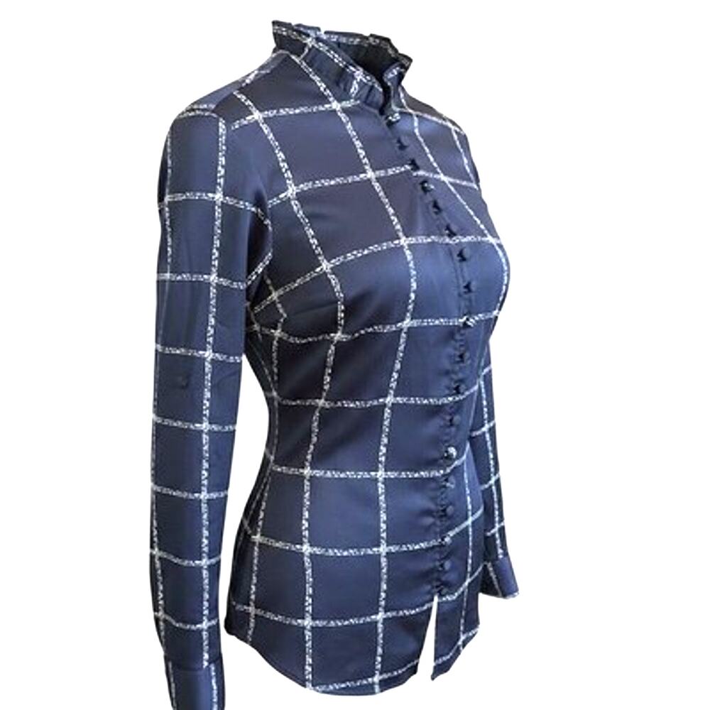 NWT Express Windowpane Button Blouse Victorian Asian Dark Academia Ruffle Neck S
